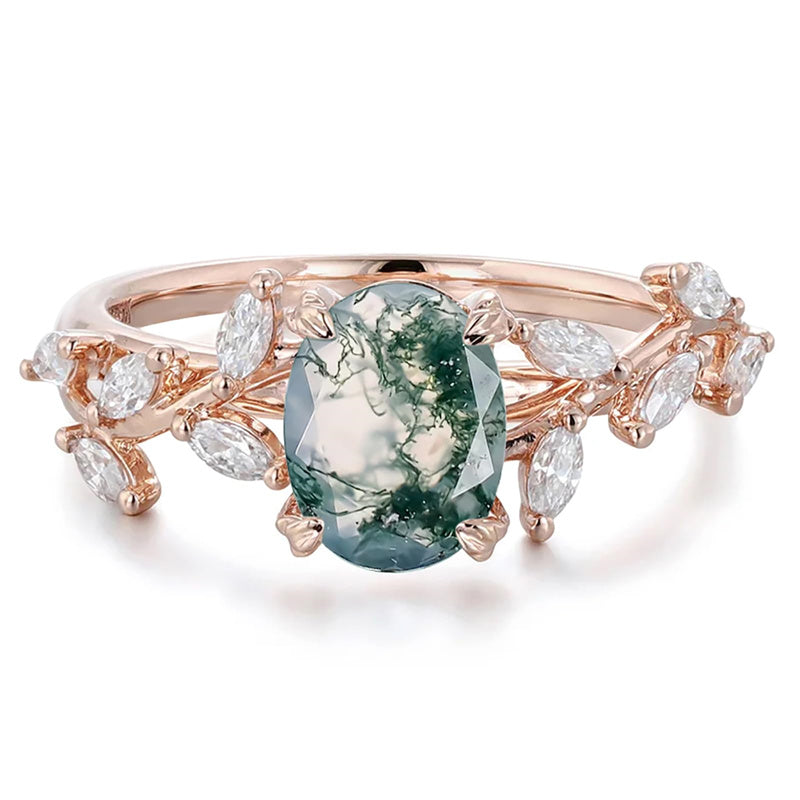 Sterling Silver 10K 14K 18K 2CT Natural Moss Agate Leaf Engagement Wedding Promise Rings Set