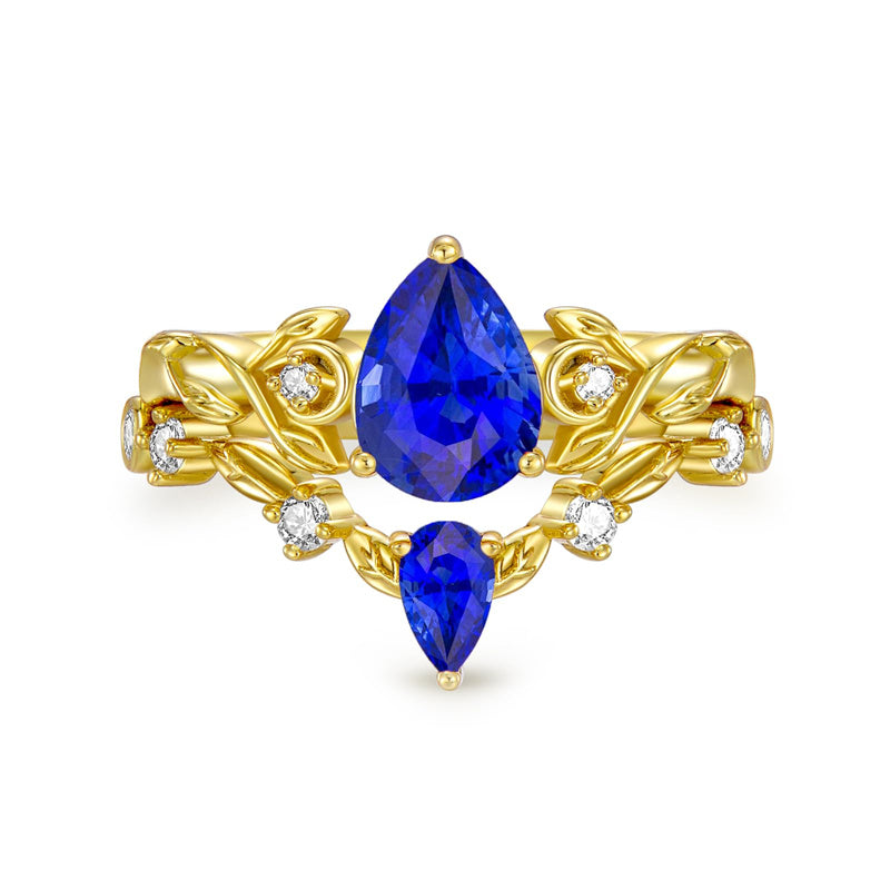 Sterling Silver 10K 14K 18K Gold Pear Cut Gemstone Leaf  Engagement Ring Set