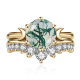 Sterling Silver Oval Round Natural Moss Agate Couples Promise Wedding Ring Set