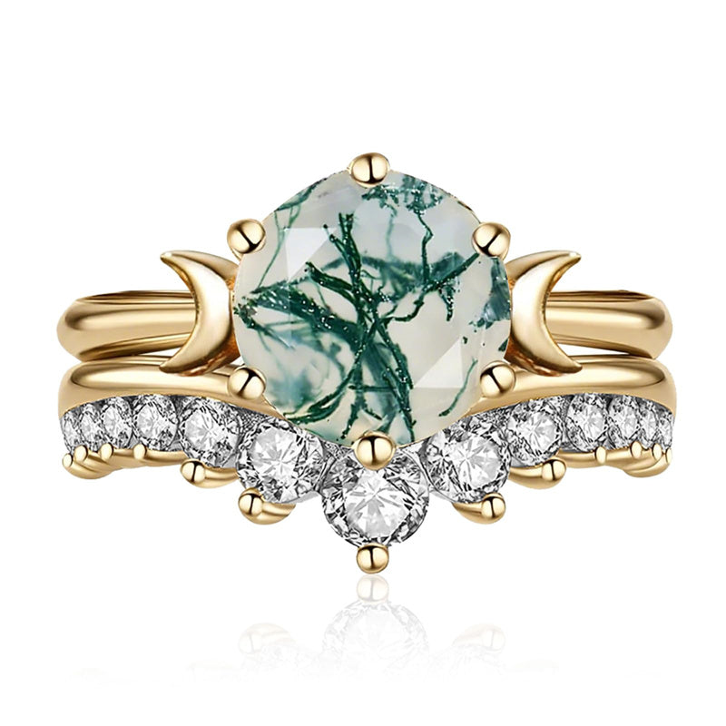 Sterling Silver Oval Round Natural Moss Agate Couples Promise Wedding Ring Set