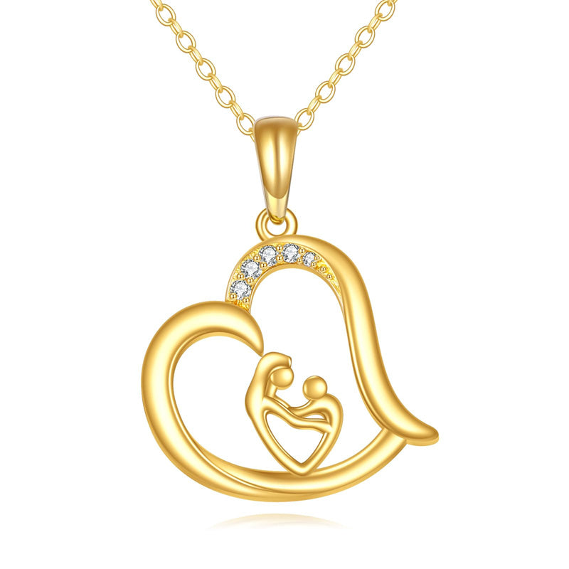 14K Gold Heart Mother Child Pendant Necklace