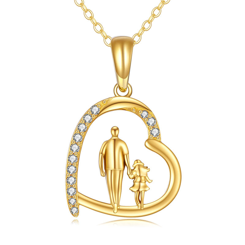 10K 14K 18K Gold Father Daughter Heart Pendant Necklace For Gift