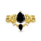 Sterling Silver 10K 14K 18K Gold Pear Cut Gemstone Leaf  Engagement Ring Set