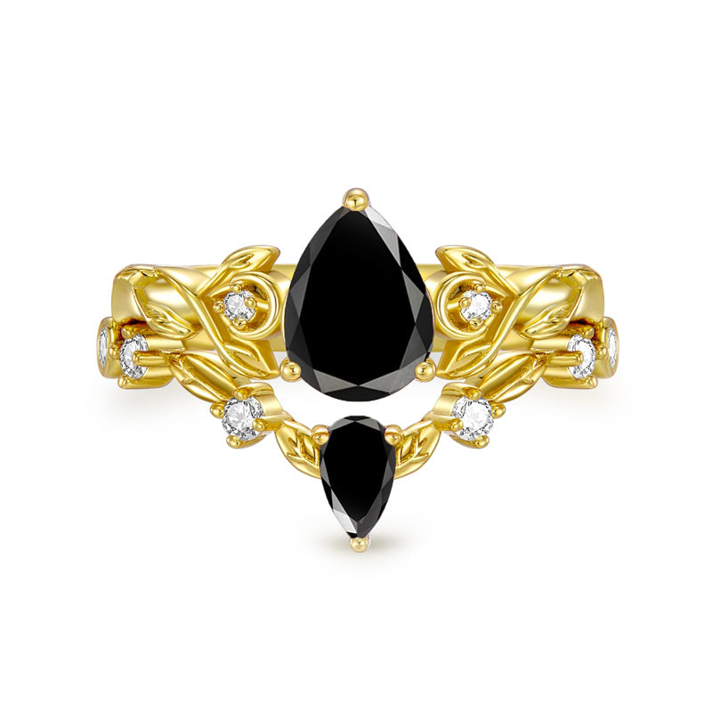 Sterling Silver 10K 14K 18K Gold Pear Cut Gemstone Leaf  Engagement Ring Set