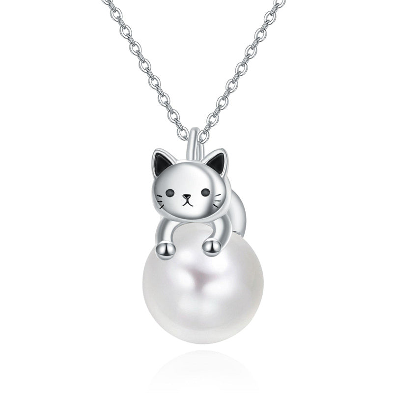Sterling Silver Moonstone Pearl Rose Quartz Crystal Cat Pendant Necklace