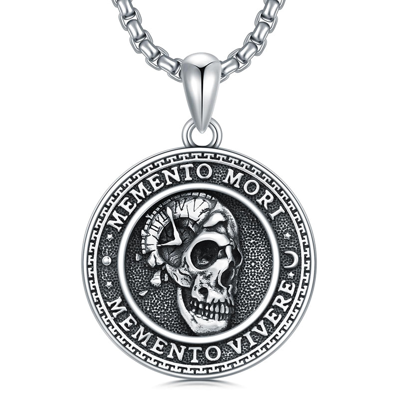 Sterling Silver Memento Mori Gothic Skull Amulet Pendant Necklace for Men