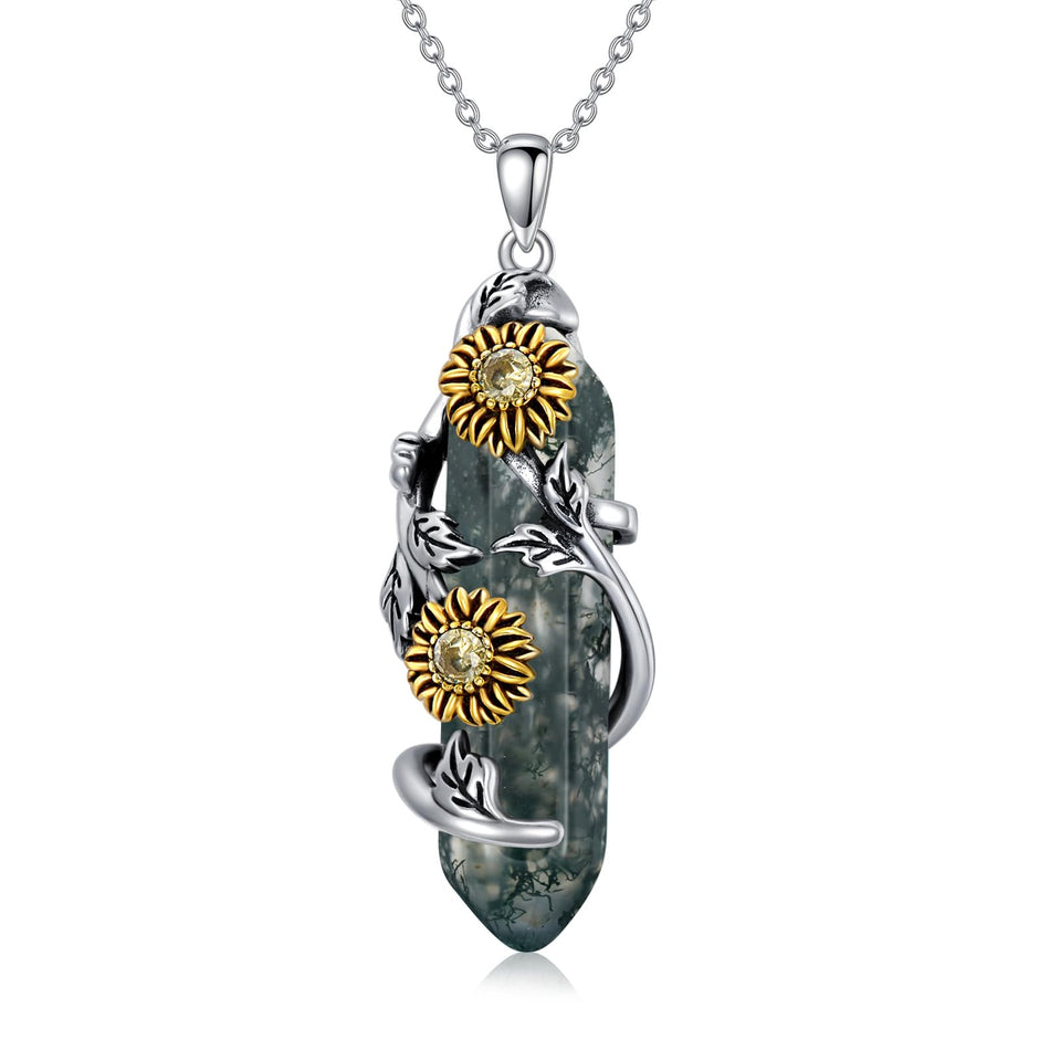 Sterling Silver Moss Agate Sunflower Pendant Necklace