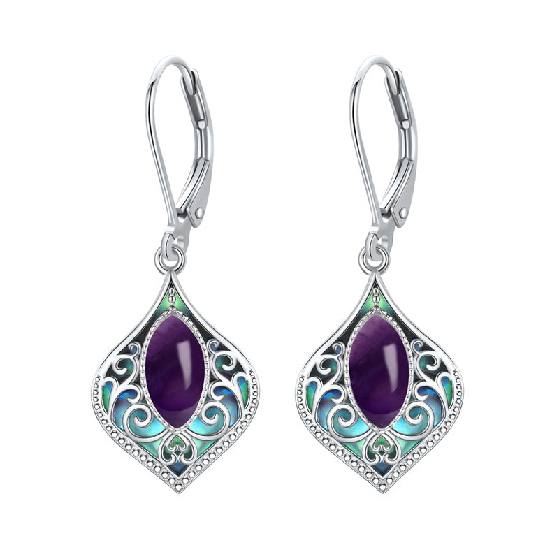 Sterling Silver Teardrop Amethyst Moss Agate White Opal Moonstone Leverback Earrings