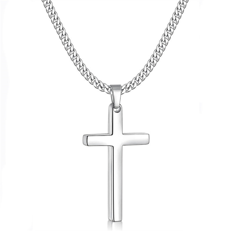 Sterling Silver Cross Pendant Necklace with 3.0mm Stainless Steel Cuban Chain
