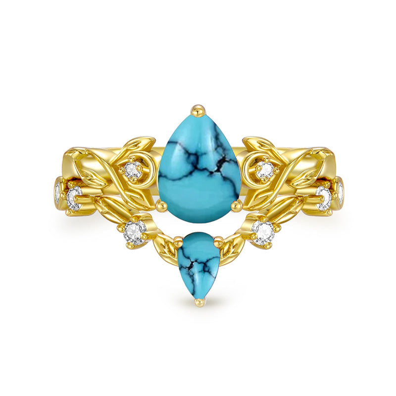 Sterling Silver 10K 14K 18K Gold Pear Cut Gemstone Leaf  Engagement Ring Set