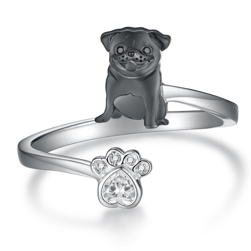 Sterling Silver Black Pug Doberman Boston Terrier Beagle Adjustable Ring