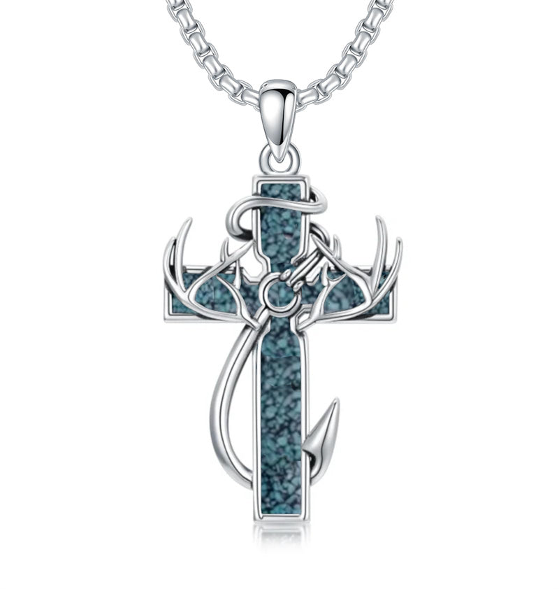Sterling Silver Fish Hook Cross Pendant Necklace for Men