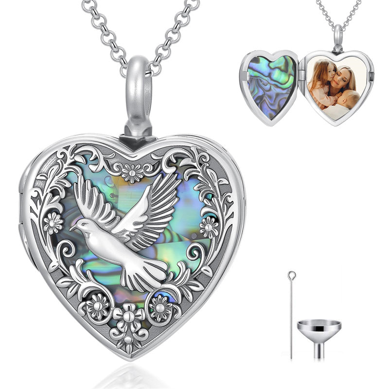 Sterling Silver Abalone Shell Personalized Photo Engraved Heart Cat Pigeon Paw Prints Urn Necklace for Ashes