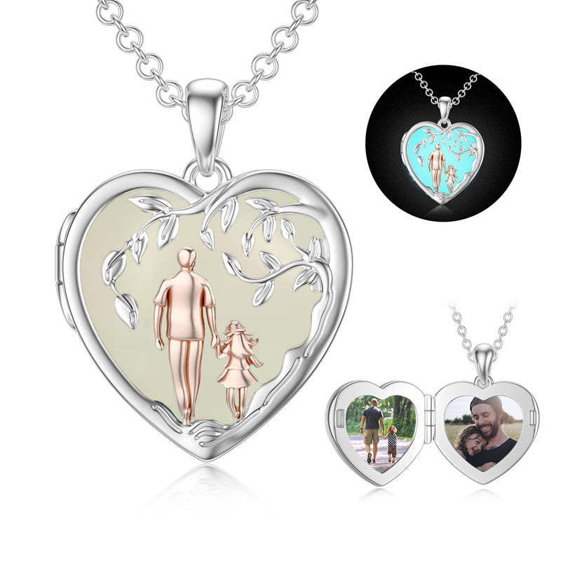 Sterling Silver Personalized Photo Blue Opal Luminous Stone Pink Opal Father Daughter Pendant Necklace