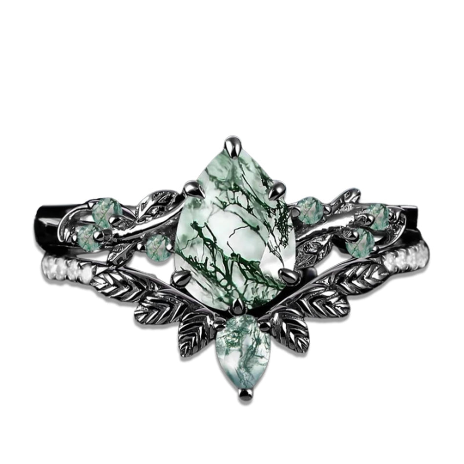 Sterling Silver Pear Natural Moss Agate Engagement Ring Set Wedding Ring