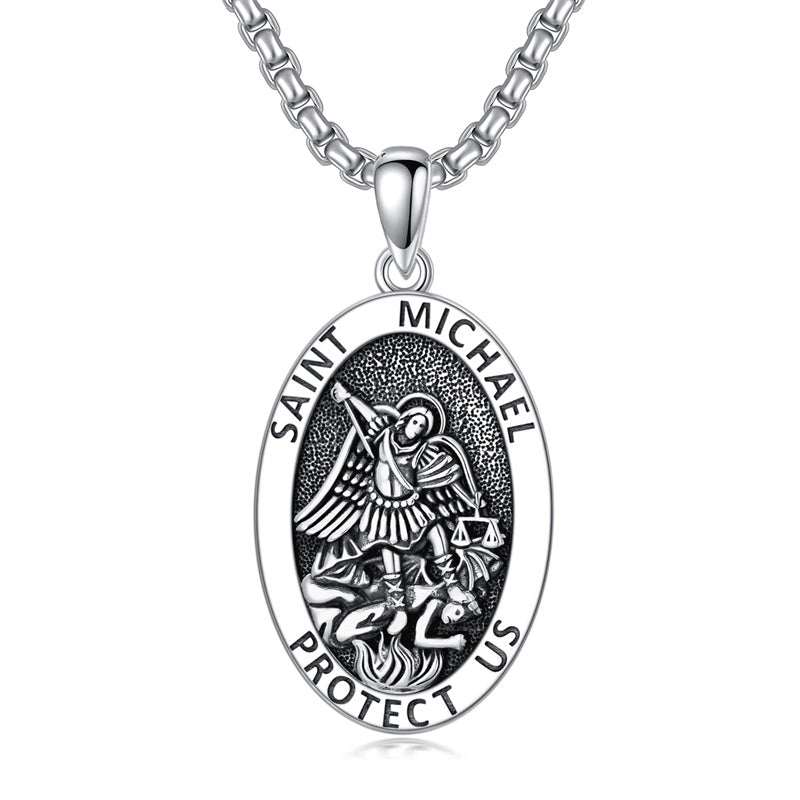 Sterling Silver Oval Round Medal St Michael Pendant Necklace