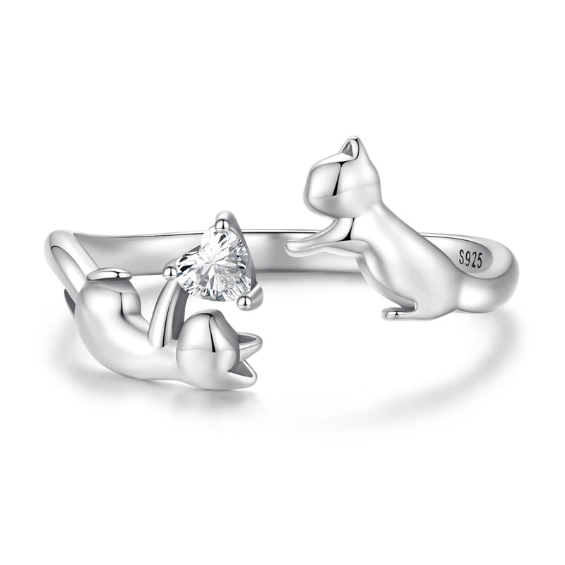 Sterling Silver Cute Cat Adjustable Ring for Women