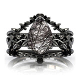 Sterling Silver 10K 14K 18K Personalized Engraved 2CT Natural Black Rutilated Quartz Engagement Ring Set
