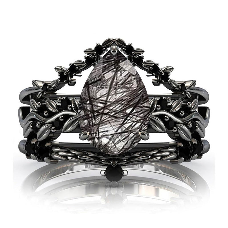 Sterling Silver 10K 14K 18K Personalized Engraved 2CT Natural Black Rutilated Quartz Engagement Ring Set