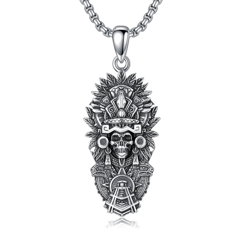 Sterling Silver Mictlantecuhtli Quetzalcoatl Tezcatlipoca Skull Pendant Necklace Aztec Jewelry For Men
