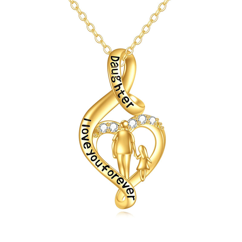 10K 14K 18K Gold Father Daughter Heart Pendant Necklace For Gift