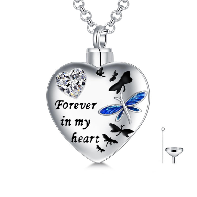 Sterling Silver Cubic Zirconia Dragonfly Heart Urn Necklaces for Ashes