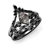 Sterling Silver 10K 14K 18K Personalized Engraved 2CT Natural Black Rutilated Quartz Engagement Ring Set