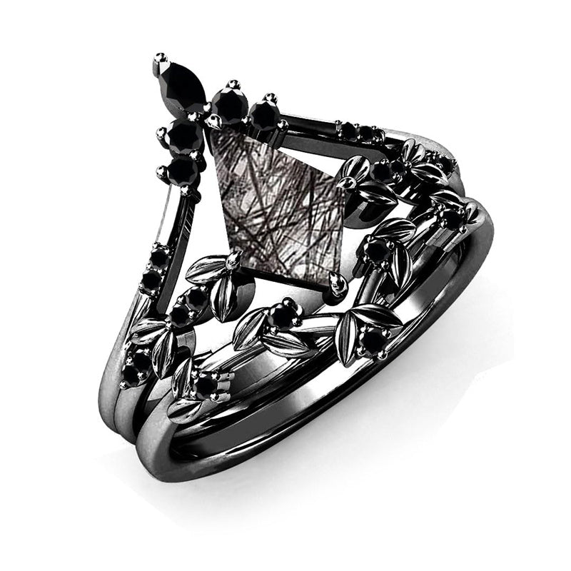 Sterling Silver 10K 14K 18K Personalized Engraved 2CT Natural Black Rutilated Quartz Engagement Ring Set