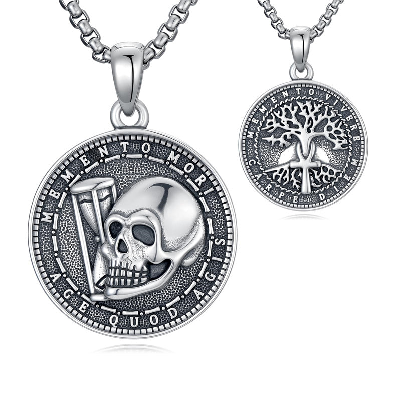 Sterling Silver Memento Mori Gothic Skull Amulet Pendant Necklace for Men