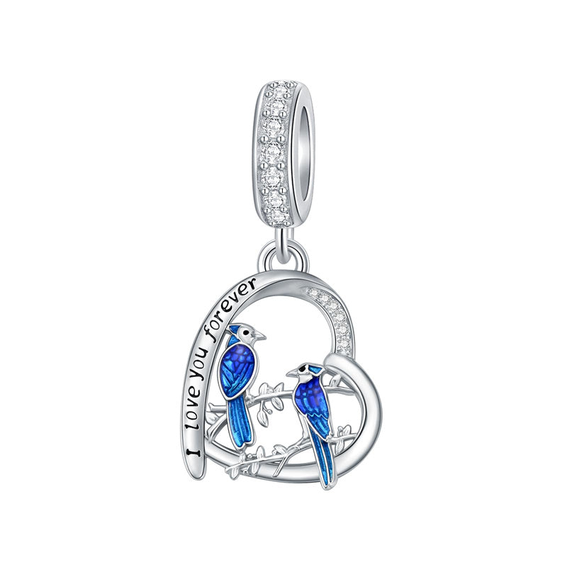 Sterling Silver Blue Jay  Charm Beads Engraved with I Love Forever