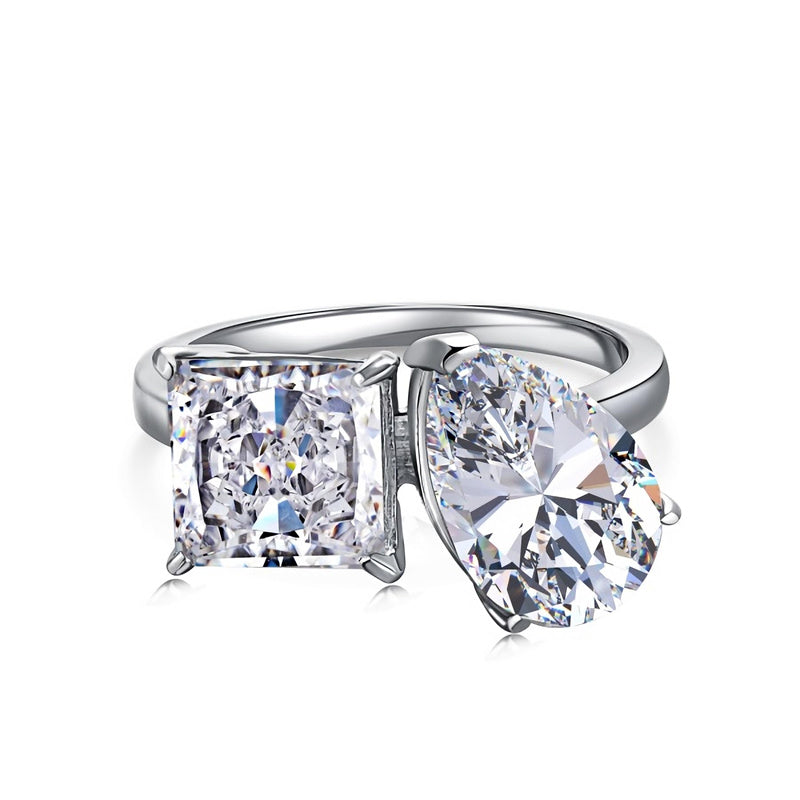 Sterling Silver Cubic Zirconia 3ct  Double Stone Ring Emerald/Princess & Pear Engagement Ring Wedding Ring