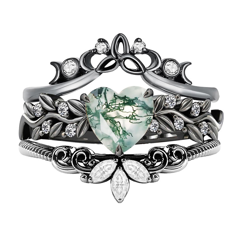 Sterling Silver Black Heart Moss Agate Engagement Wedding Ring Set for Women