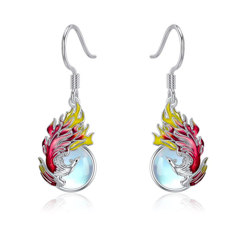 Sterling Silver Moonstone Phoenix Dangle Earrings