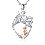 Sterling Silver Anatomical Heart Girl withr Dog Cat Pendant Necklace
