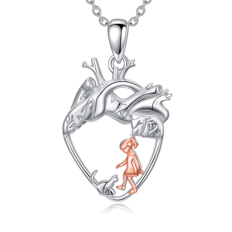 Sterling Silver Anatomical Heart Girl withr Dog Cat Pendant Necklace