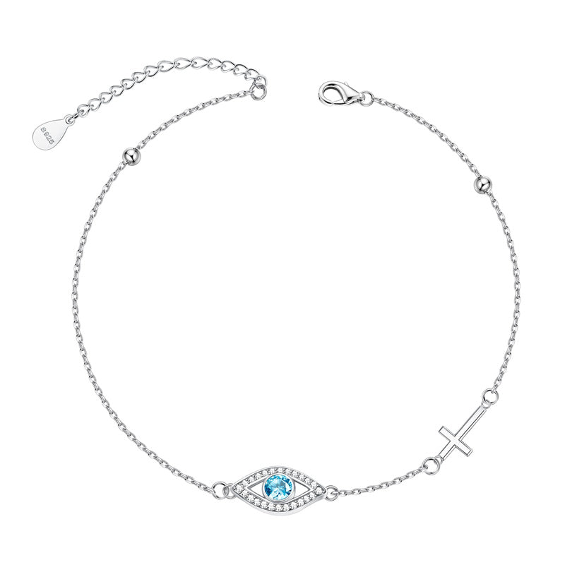 Sterling Silver Evil Eye with Cross Single Layer Anklet