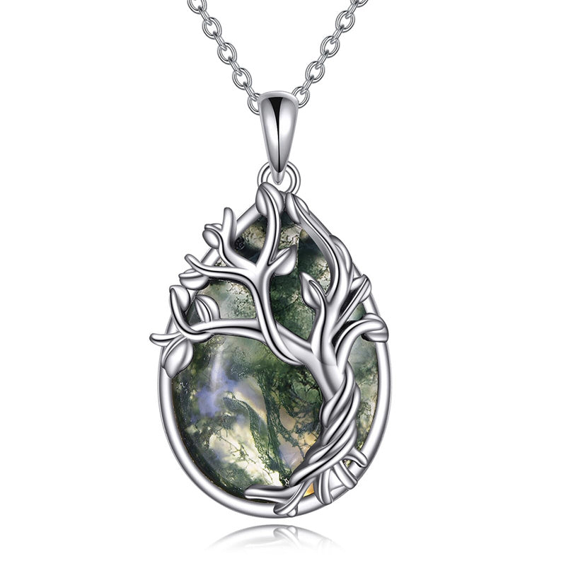 Sterling Silver Moss Agate Tree of Life Pendant Necklace