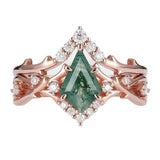 Sterling Silver 10K 14K 18K Gold  Personalized  Engraved Natural Moss Agate Engagement Bridal Wedding Ring Set