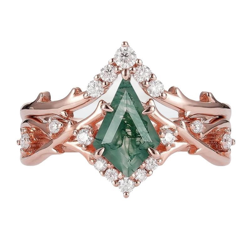 Sterling Silver 10K 14K 18K Gold  Personalized  Engraved Natural Moss Agate Engagement Bridal Wedding Ring Set