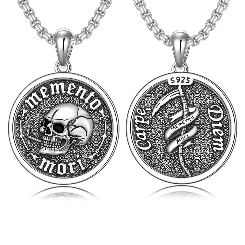 Sterling Silver Gothic Skull Memento Mori Pendant Necklace with Engraved Word