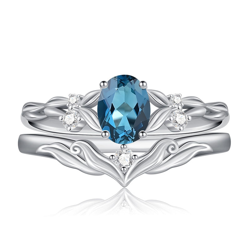 Sterling Silver 10K 14K 18K Gold  Oval Cut Unique Vine Gemstone Wedding Ring Set