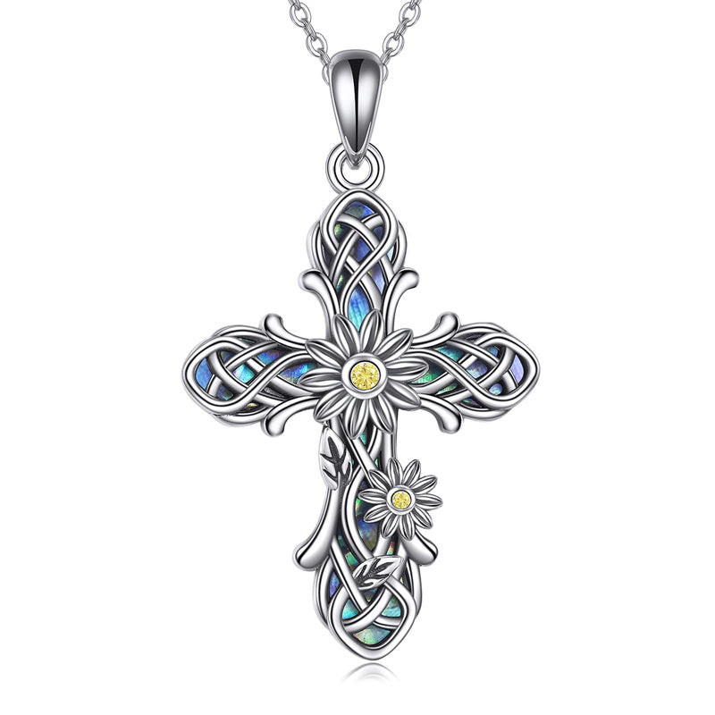 Sterling Silver Abalone Shell Turquoise Origami Cross Pendant Necklace