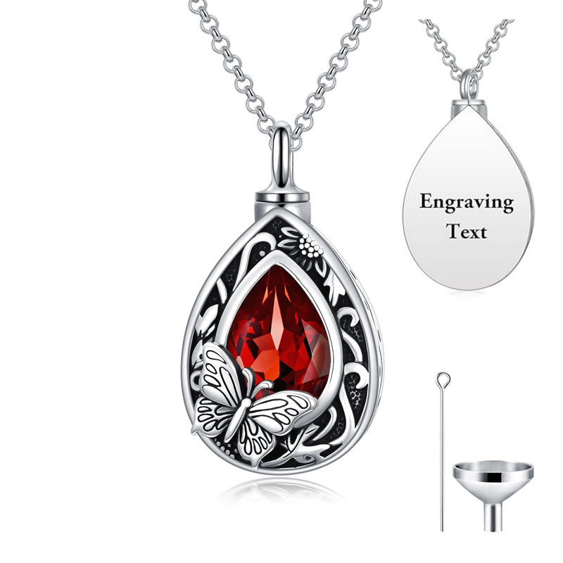 Sterling Silver Personalized Red Cubic Zirconia Butterfly Hummingbird Urn Necklace for Ashes