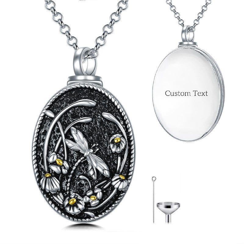 Sterling Silver Personalized Engraved Oval Dragonfly  Urn Necklace for Ashes