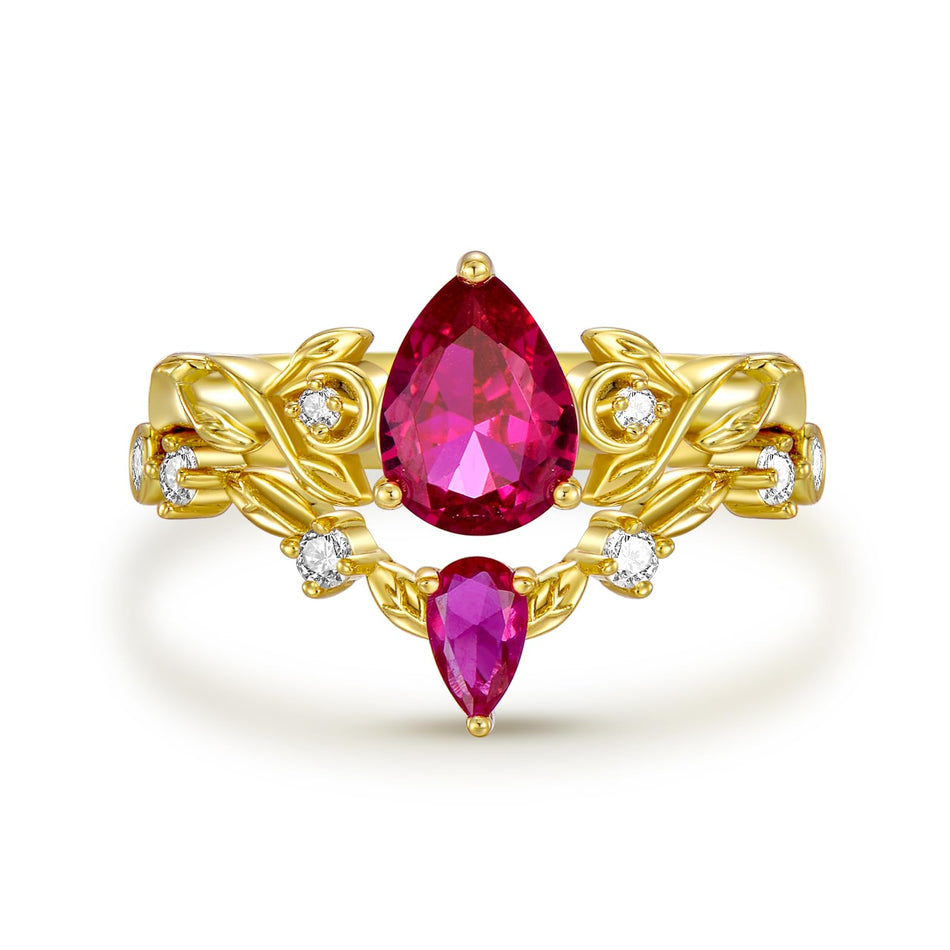 Sterling Silver 10K 14K 18K Gold Pear Cut Gemstone Leaf  Engagement Ring Set