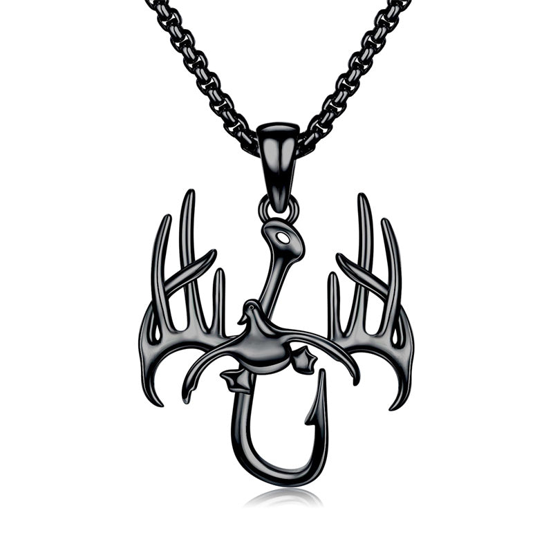 Sterling Silver Fish Hook& Antler Duck Pendant Necklace for Men
