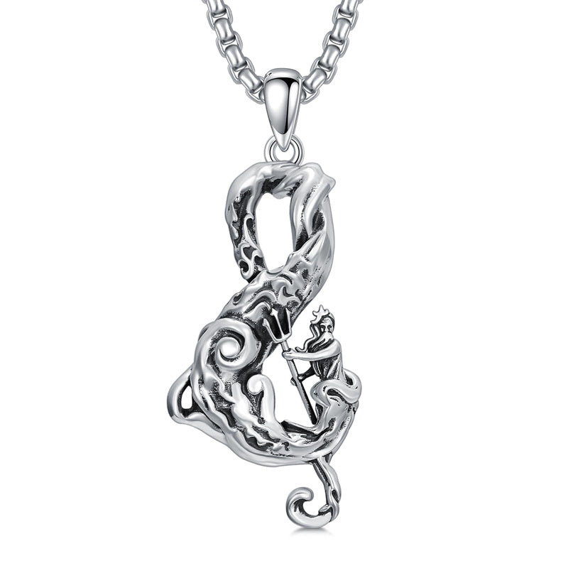 Sterling Silver  Poseidon Trident  Pendant Necklace for Men