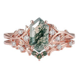 Sterling Silver 10K 14K 18K Gold  Personalized  Engraved Natural Moss Agate Engagement Bridal Wedding Ring Set