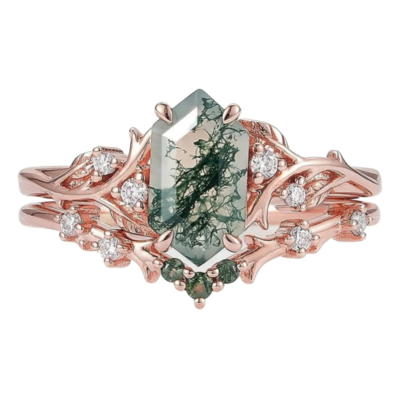 Sterling Silver 10K 14K 18K Gold  Personalized  Engraved Natural Moss Agate Engagement Bridal Wedding Ring Set