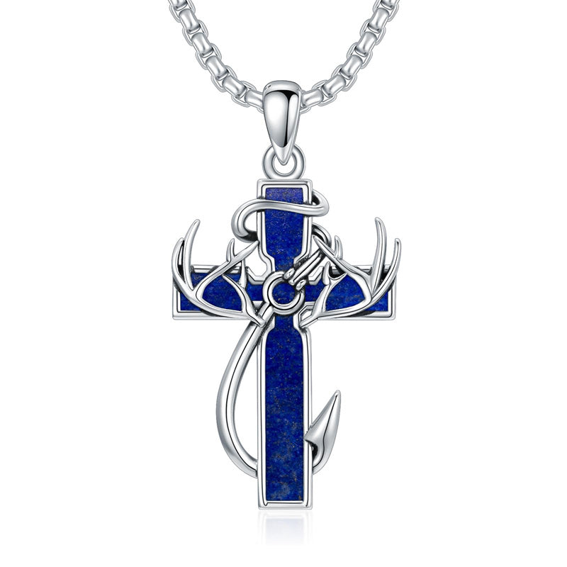 Sterling Silver Fish Hook Cross Pendant Necklace for Men